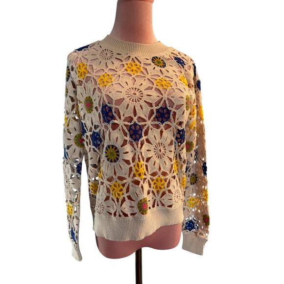 Desigual Floral Crochet Pullover Top Open Boho Cotton Blend Keyhole Back XS - Picture 1 of 10